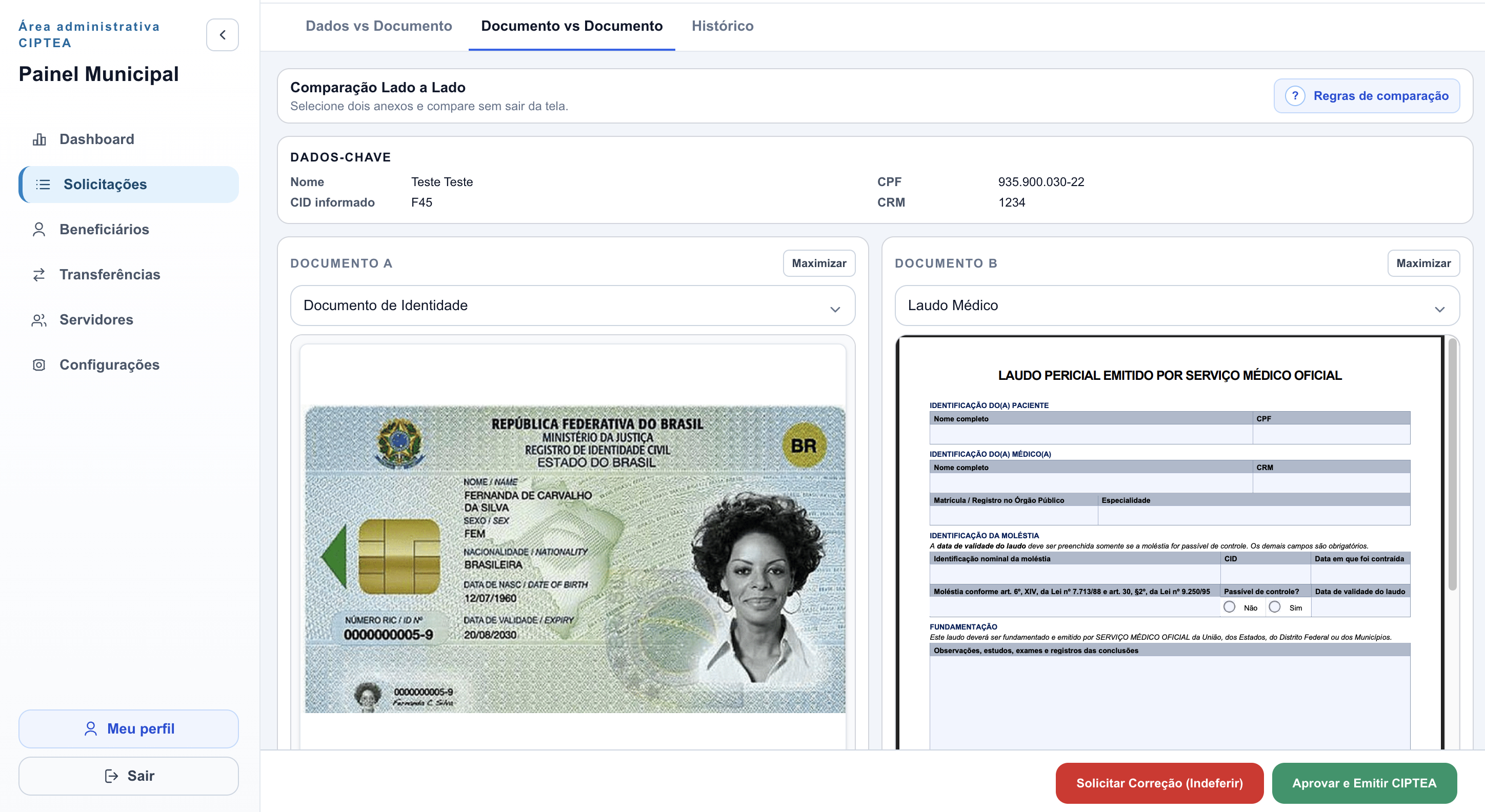 Tela de análise documental com comparação lado a lado